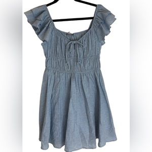 Smocked Off the Shoulder Ruffle Mini Flare Dress Chambray Coastal Cowgirl S